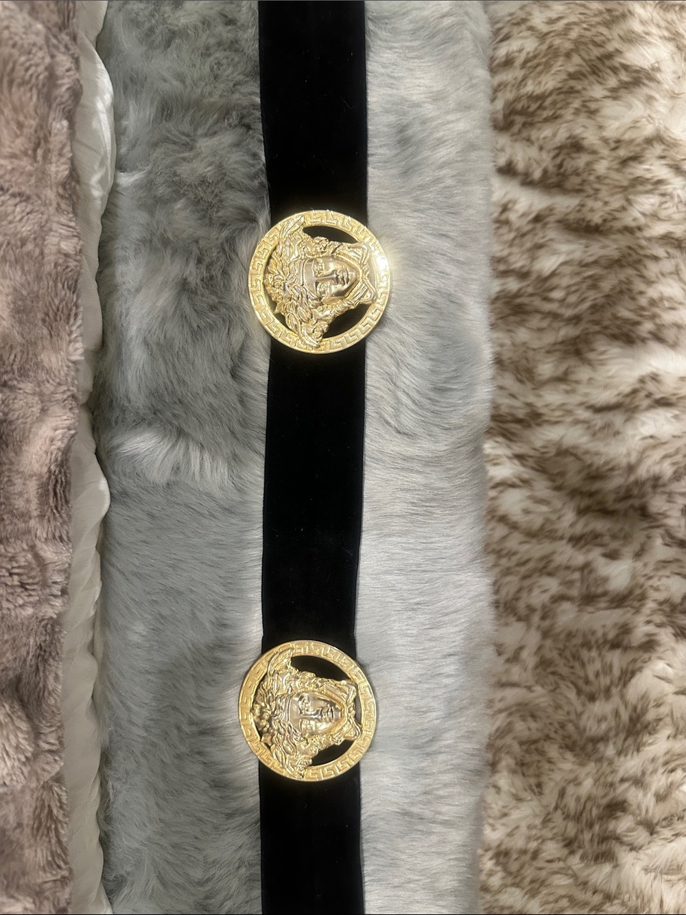 VERSACE - Black suede tie in back Belt with Gold VERSACE signature Medusa’s